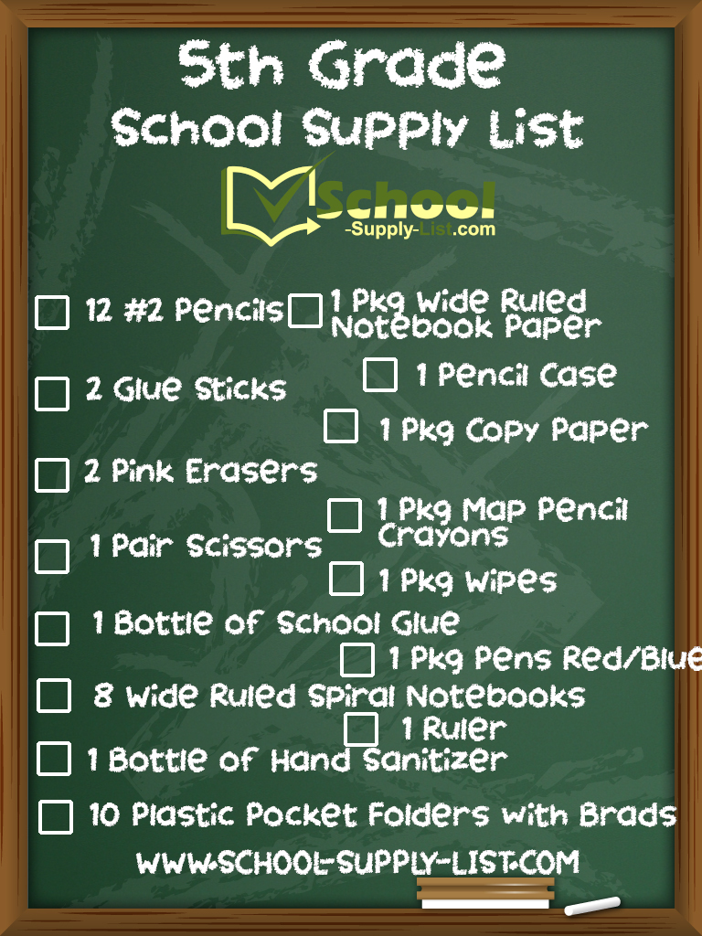 School Supply List Checklist for the 5th Grade 20212022