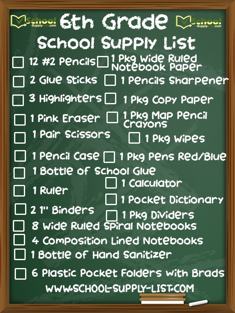 6th Grade School Supply List 