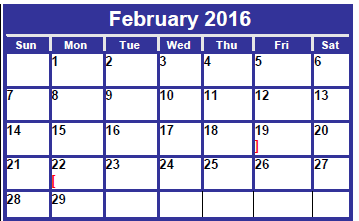 District School Academic Calendar for Sp Ed Homebound for February 2016