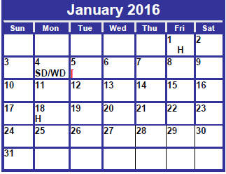 District School Academic Calendar for Abilene Psychiatric Institute for January 2016