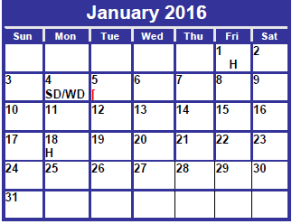 District School Academic Calendar for Harmony Family Services for January 2016