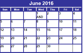 District School Academic Calendar for Abilene Psychiatric Institute for June 2016