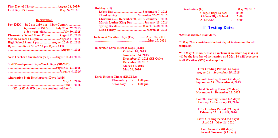 District School Academic Calendar Key for Day Nursery Of Abilene