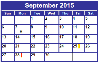 District School Academic Calendar for Taylor Elementary for September 2015