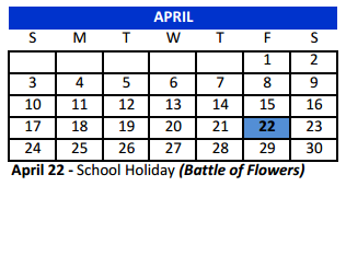 District School Academic Calendar for Bexar Co J J A E P for April 2016