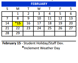 District School Academic Calendar for Bexar Co J J A E P for February 2016