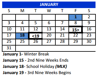 District School Academic Calendar for Bexar Co J J A E P for January 2016