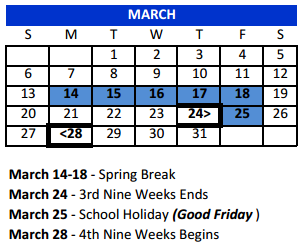 District School Academic Calendar for Bexar Co J J A E P for March 2016