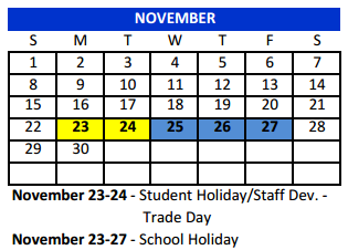 District School Academic Calendar for Bexar Co J J A E P for November 2015