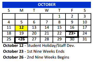 District School Academic Calendar for Bexar Co J J A E P for October 2015