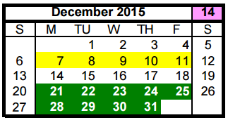 District School Academic Calendar for Nimitz Ninth Grade School for December 2015