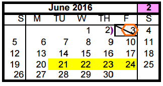 District School Academic Calendar for Oleson Elementary for June 2016