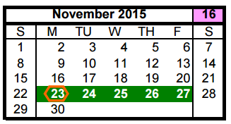 District School Academic Calendar for Aldine Ninth Grade School for November 2015