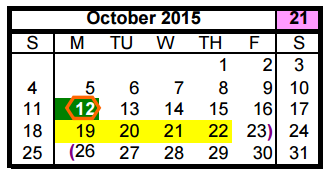 District School Academic Calendar for Thompson Elementary School for October 2015