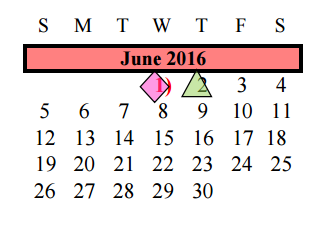 District School Academic Calendar for G W Harby Junior High for June 2016