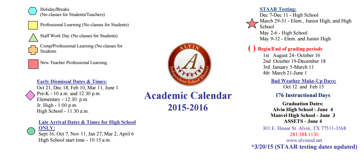 District School Academic Calendar Key for Alvin Elementary