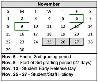 District School Academic Calendar for Pleasant Valley Elementary for November 2015