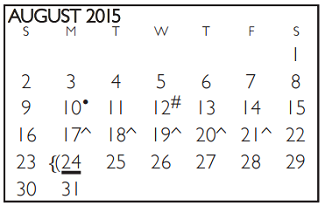 District School Academic Calendar for Shackelford Junior High for August 2015