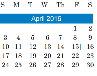 District School Academic Calendar for Pearce M S for April 2016
