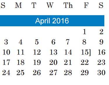 District School Academic Calendar for Alternative Learning Center for April 2016