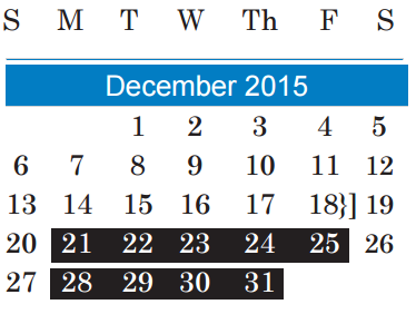 District School Academic Calendar for Alternative Learning Center for December 2015