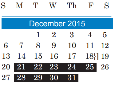 District School Academic Calendar for Undesignated El A for December 2015