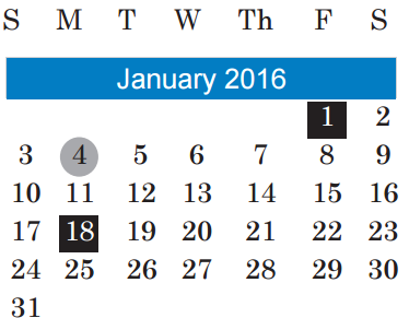 District School Academic Calendar for Alternative Learning Center for January 2016