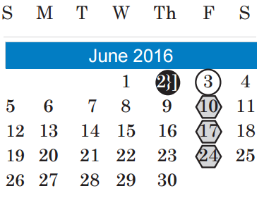 District School Academic Calendar for Alternative Learning Center for June 2016