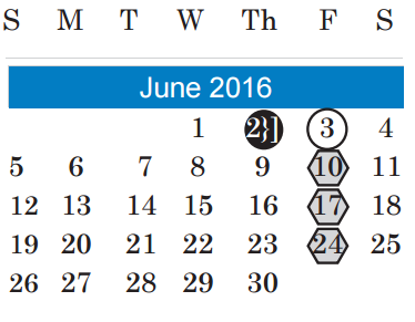 District School Academic Calendar for Reagan High School for June 2016