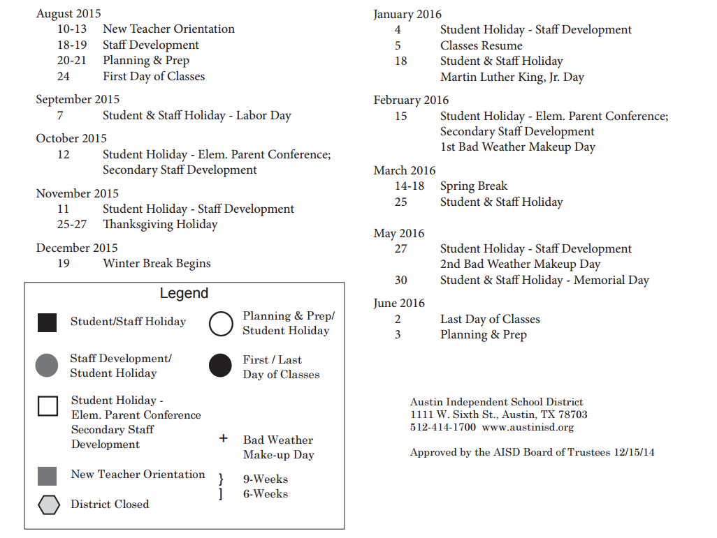 District School Academic Calendar Key for Alternative Learning Center