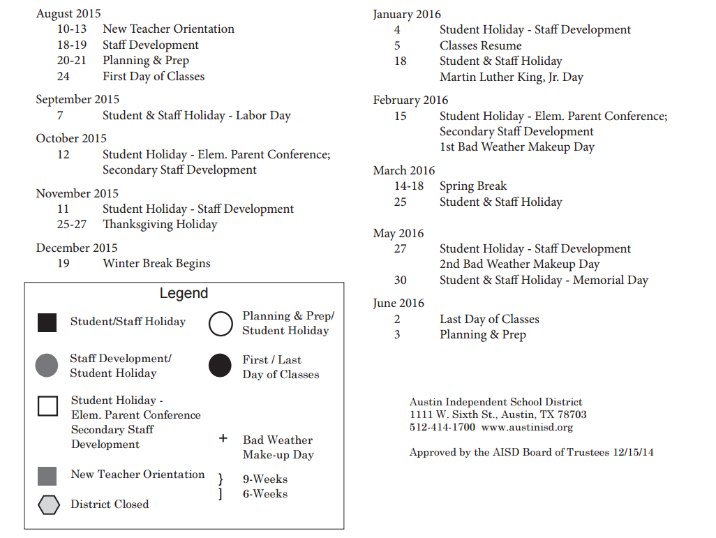 District School Academic Calendar Key for Crockett High School