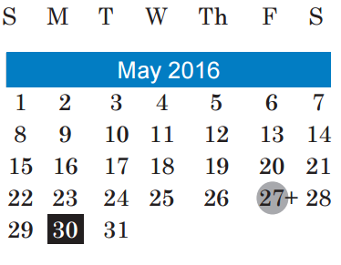 District School Academic Calendar for Alternative Learning Center for May 2016