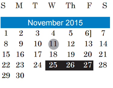 District School Academic Calendar for Kocurek Elementary for November 2015