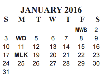 District School Academic Calendar for M L King Middle for January 2016