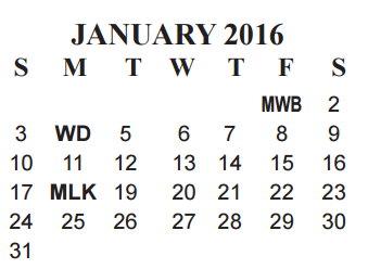 District School Academic Calendar for Paul A Brown Alternative Center for January 2016