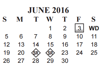 District School Academic Calendar for Marshall Middle School for June 2016