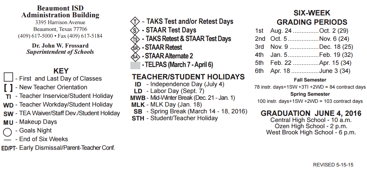 District School Academic Calendar Key for Central Senior High School