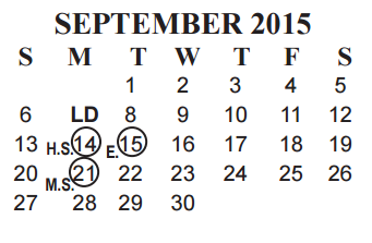 District School Academic Calendar for Marshall Middle School for September 2015