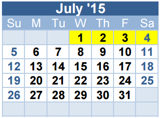 District School Academic Calendar for David E Smith Elementary for July 2015