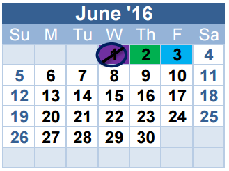 District School Academic Calendar for North Ridge Middle for June 2016