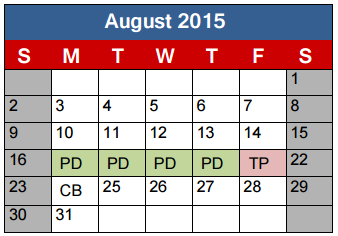District School Academic Calendar for Jane Long Elementary for August 2015