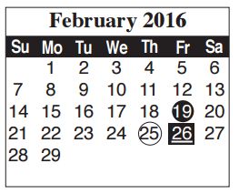 District School Academic Calendar for Cameron Co Juvenile Detention Ctr for February 2016