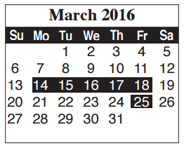 District School Academic Calendar for Adult Ed for March 2016