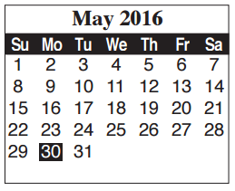 District School Academic Calendar for Cameron Co Juvenile Detention Ctr for May 2016