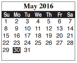 District School Academic Calendar for Aiken Elementary for May 2016