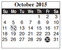 District School Academic Calendar for Cameron Co J J A E P for October 2015