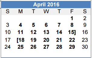 District School Academic Calendar for Sam Houston Elementary for April 2016