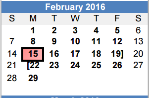 District School Academic Calendar for Brazos Co Juvenile Detention Cente for February 2016