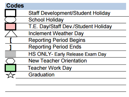 District School Academic Calendar Legend for Fannin Elementary