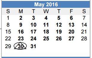 District School Academic Calendar for Jane Long for May 2016